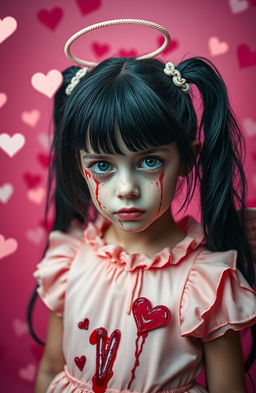 A beautiful girl with striking black hair, her face smeared with blood, evoking a sense of terror