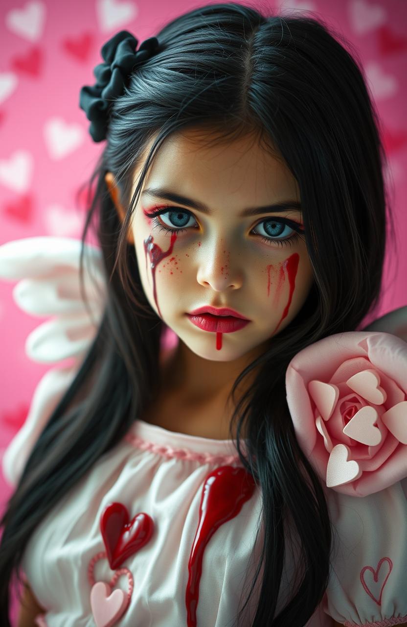 A beautiful girl with striking black hair, her face smeared with blood, evoking a sense of terror
