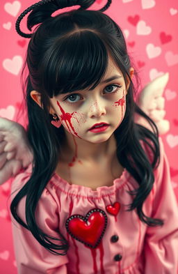 A beautiful girl with striking black hair, her face smeared with blood, evoking a sense of terror