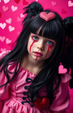 A beautiful girl with striking black hair, her face smeared with blood, evoking a sense of terror