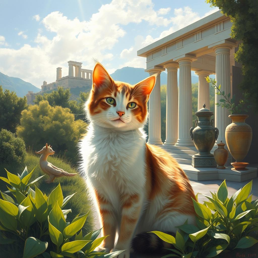 A beautiful painting of a cat in an ancient Greek setting