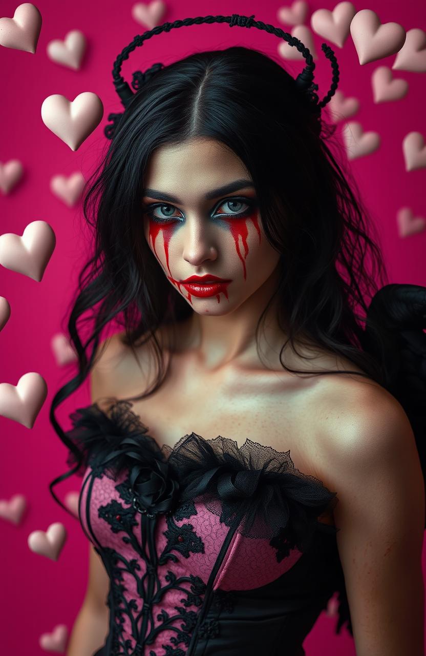 A beautiful 20-year-old woman with striking black hair, her face adorned with blood to create a chilling yet captivating look