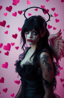 A beautiful 20-year-old woman with striking black hair, her face adorned with blood to create a chilling yet captivating look