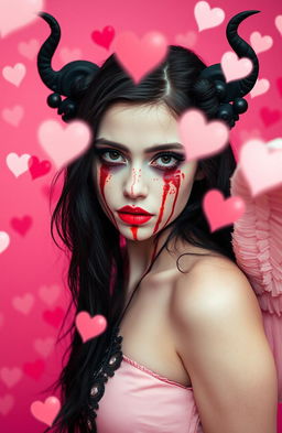 A beautiful 20-year-old woman with striking black hair, her face adorned with blood to create a chilling yet captivating look