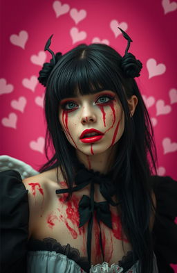 A beautiful 20-year-old woman with striking black hair, her face adorned with blood to create a chilling yet captivating look