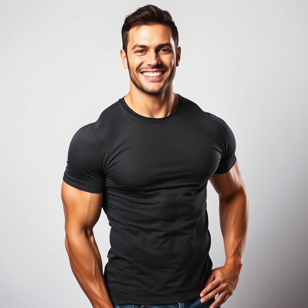 A muscular man with a defined six-pack abs is wearing a fitted T-shirt that accentuates his toned physique