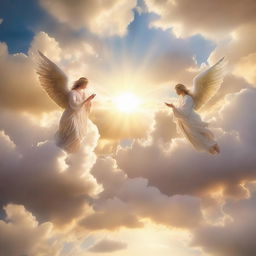 A serene and heavenly scene with fluffy clouds, golden light, angels and a divine, peaceful atmosphere