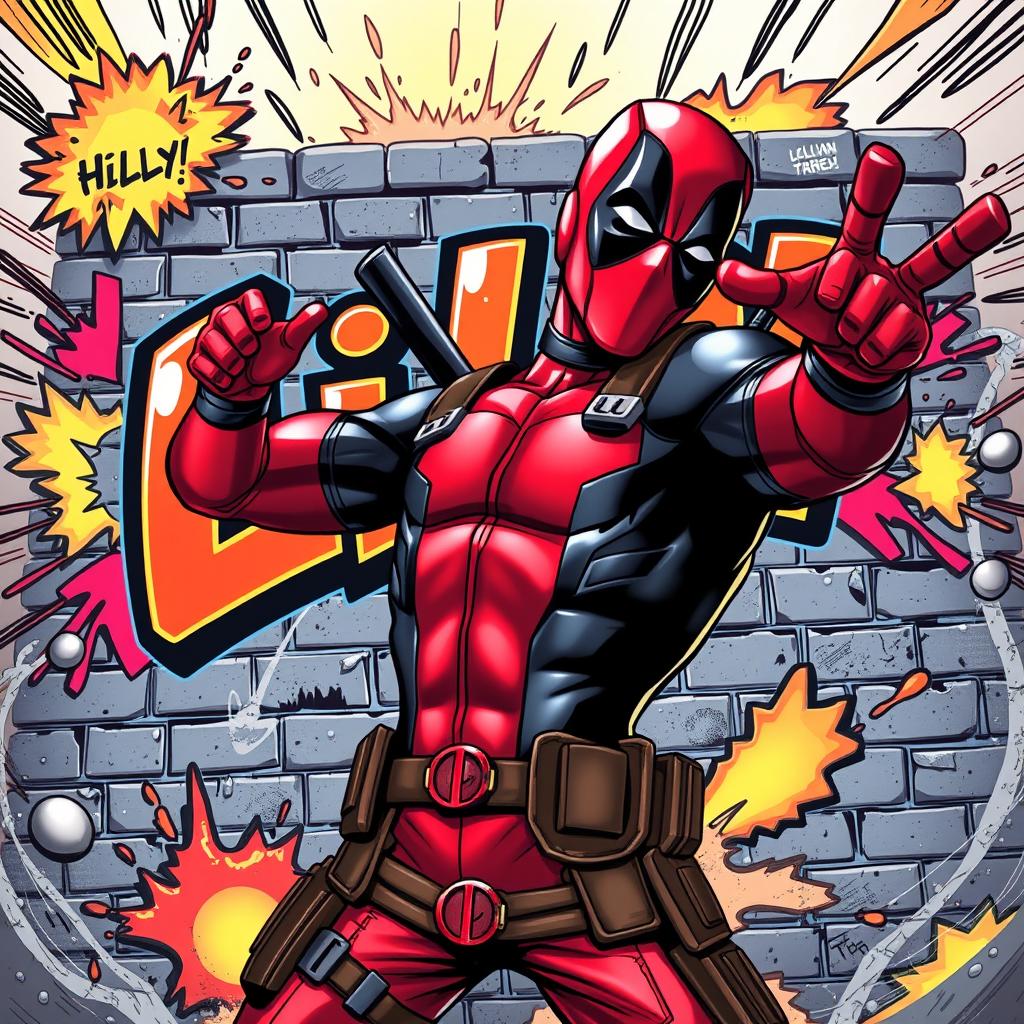 A dynamic and action-packed scene featuring Deadpool, the iconic anti-hero in his classic red and black costume, striking a pose