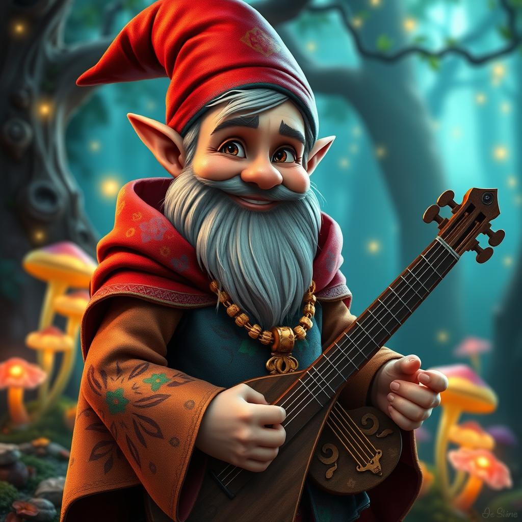 A handsome gnome bard with striking features, wearing a vibrant outfit adorned with intricate patterns
