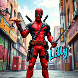 A humorous and action-packed scene featuring Deadpool, the iconic comic book anti-hero, standing confidently in a vibrant urban environment