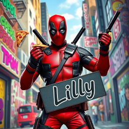 A humorous and action-packed scene featuring Deadpool, the iconic comic book anti-hero, standing confidently in a vibrant urban environment