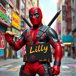 A humorous and action-packed scene featuring Deadpool, the iconic comic book anti-hero, standing confidently in a vibrant urban environment