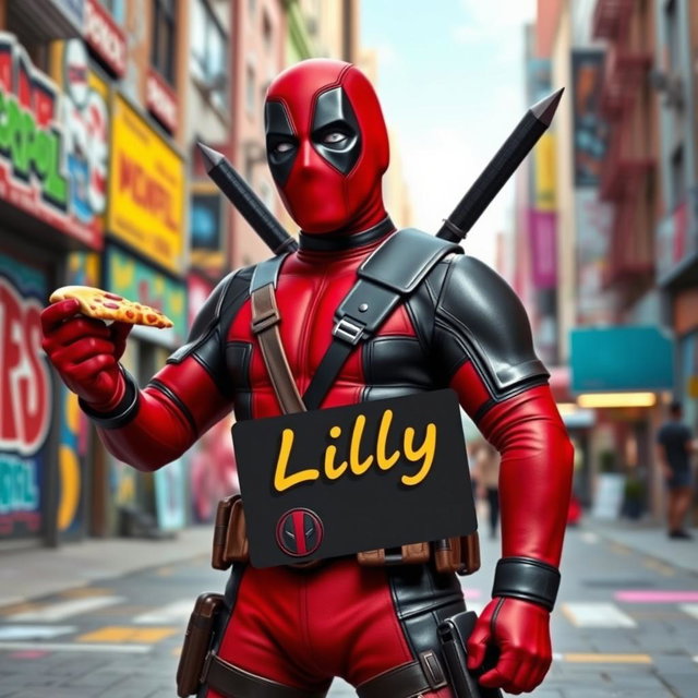 A humorous and action-packed scene featuring Deadpool, the iconic comic book anti-hero, standing confidently in a vibrant urban environment