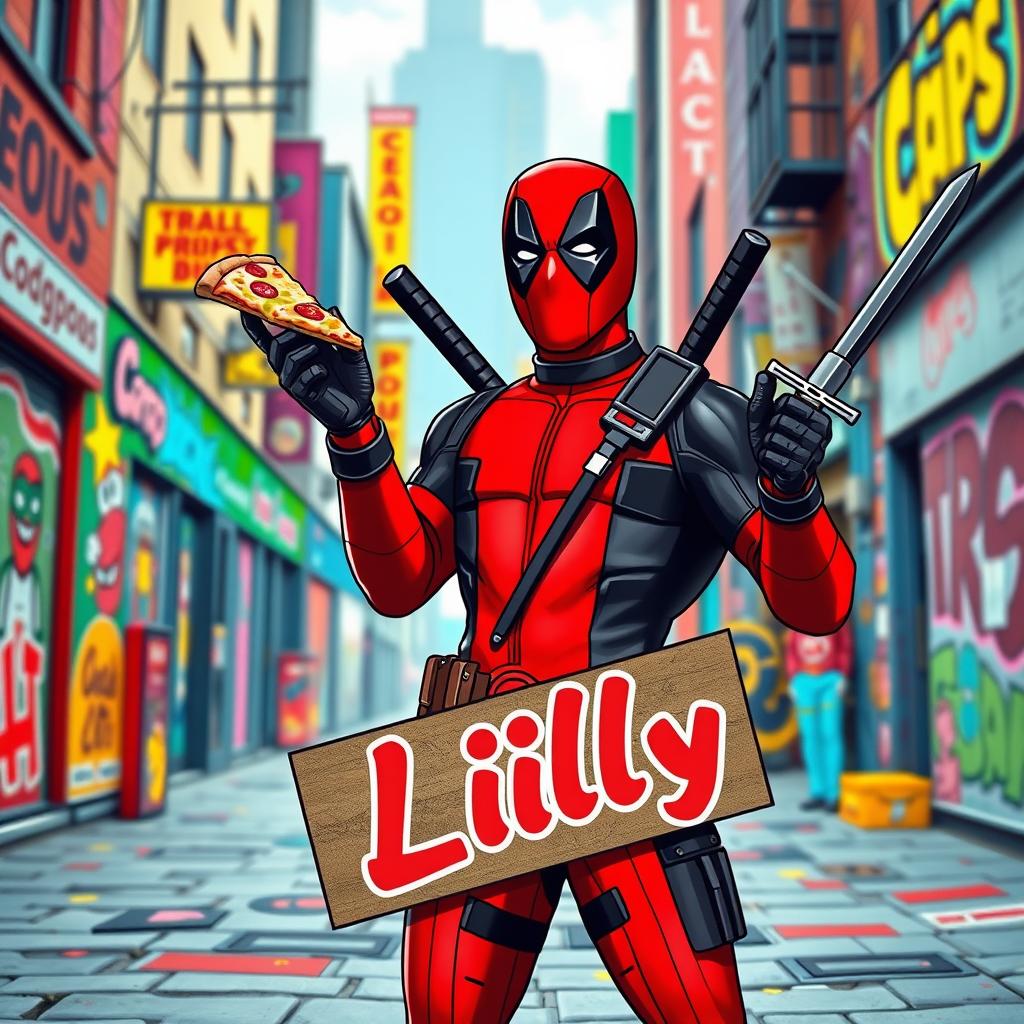 A humorous and action-packed scene featuring Deadpool, the iconic comic book anti-hero, standing confidently in a vibrant urban environment