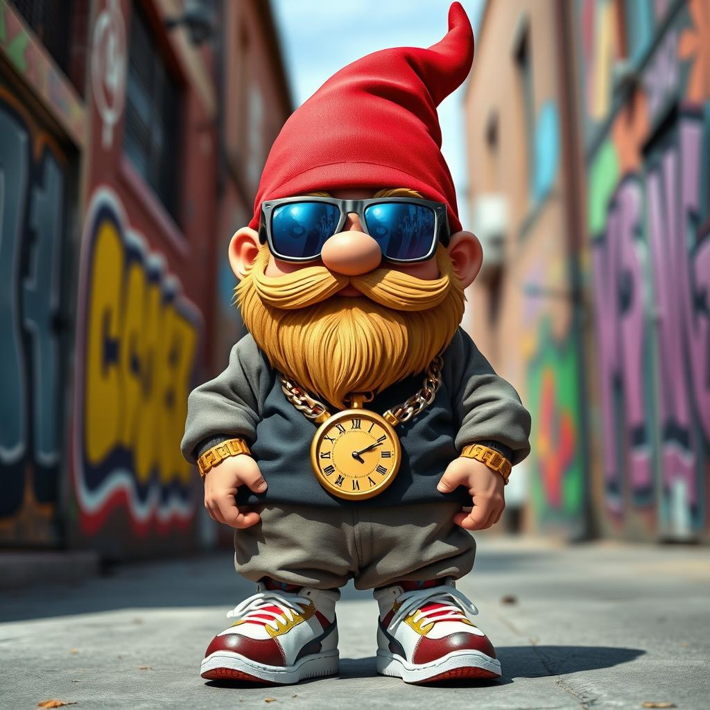 A stylish and handsome gnome rapper, showcasing a vibrant and confident attitude