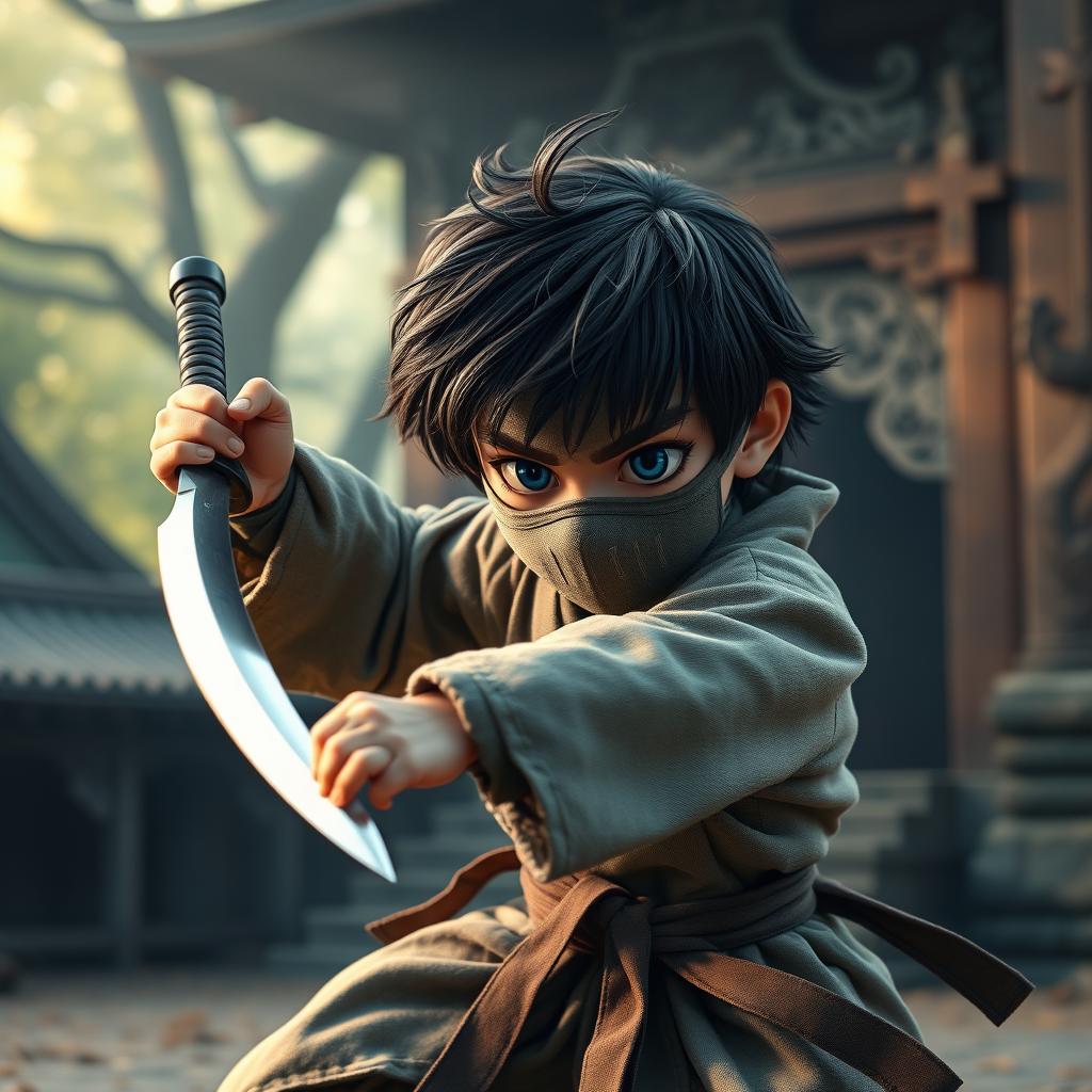 A child-sized monk engaging in battle, wielding a dagger