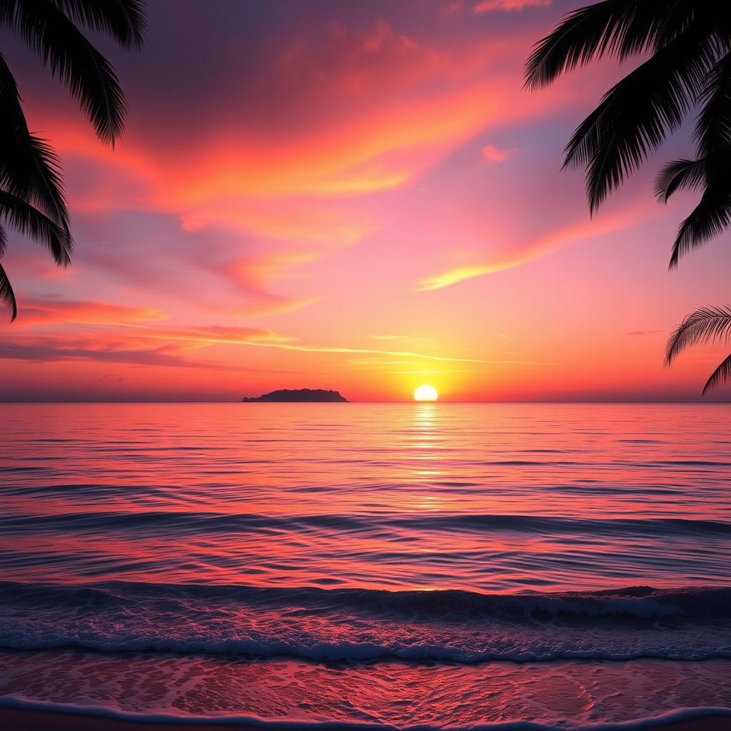 A serene landscape depicting a stunning sunset over a calm ocean