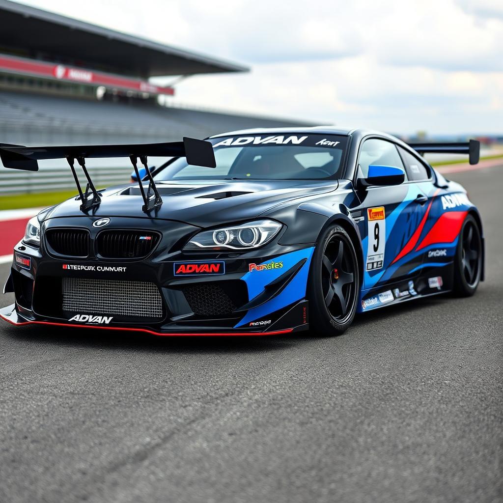 A sports car featuring a design inspired by Advan, with the body split evenly between sleek black and vibrant blue