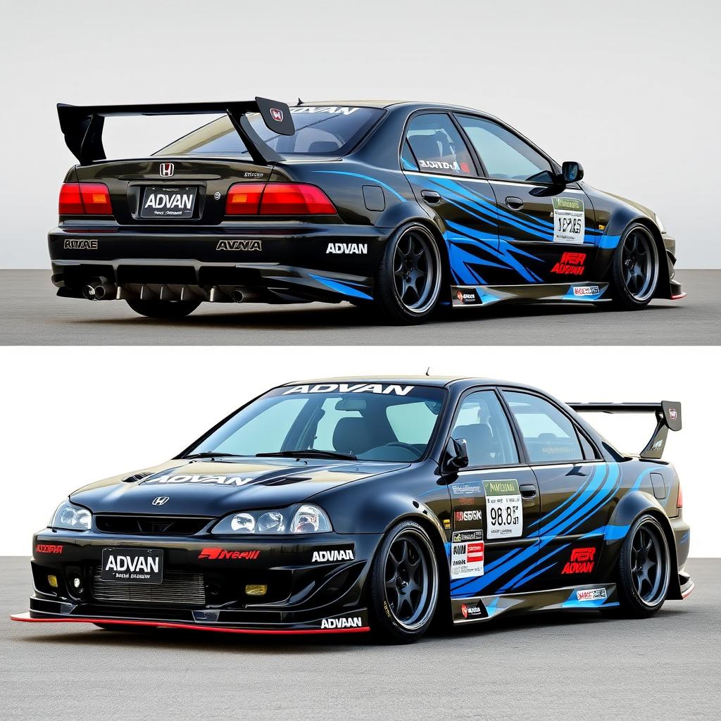 A 1999 Honda Accord CG9 customized with Advan vinyl design, featuring striking blue lines on the rear sides and a completely black front