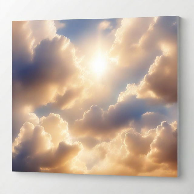 A serene and heavenly scene with fluffy clouds, golden light, angels and a divine, peaceful atmosphere