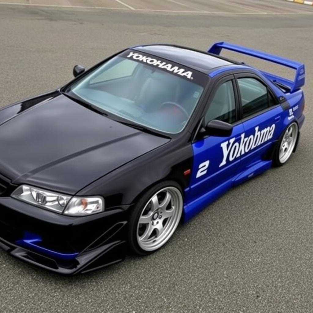 A 1999 Honda Accord model CG9, featuring a striking two-tone design with the front half painted in glossy black and the rear half in a vibrant blue, depicted in a dynamic side view