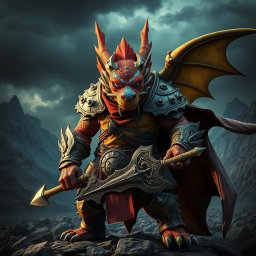 A fierce fighter with a dragon-like face, showcasing majestic scales in vibrant colors and piercing eyes that radiate strength and determination