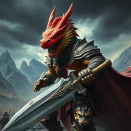 A fierce fighter with a dragon-like face, showcasing majestic scales in vibrant colors and piercing eyes that radiate strength and determination