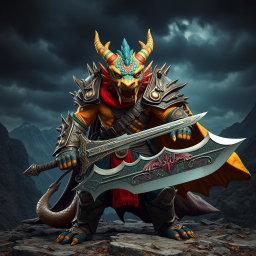A fierce fighter with a dragon-like face, showcasing majestic scales in vibrant colors and piercing eyes that radiate strength and determination