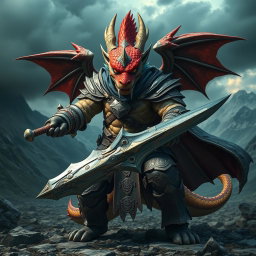 A fierce fighter with a dragon-like face, showcasing majestic scales in vibrant colors and piercing eyes that radiate strength and determination