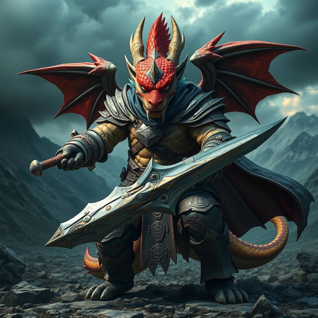 A fierce fighter with a dragon-like face, showcasing majestic scales in vibrant colors and piercing eyes that radiate strength and determination