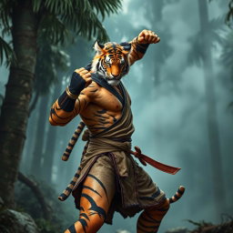 A formidable weretiger monk fighter, showcasing a unique blend of human and tiger traits, standing confidently in a dynamic fighting stance