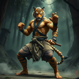 A formidable weretiger monk fighter, showcasing a unique blend of human and tiger traits, standing confidently in a dynamic fighting stance