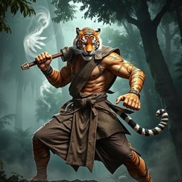 A formidable weretiger monk fighter, showcasing a unique blend of human and tiger traits, standing confidently in a dynamic fighting stance
