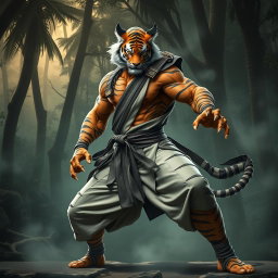 A formidable weretiger monk fighter, showcasing a unique blend of human and tiger traits, standing confidently in a dynamic fighting stance