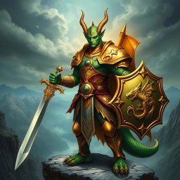 A heroic Dragonborn paladin, displaying vibrant, scaled skin in hues of deep emerald and gold, adorned in shining, intricately designed armor that reflects his noble stature