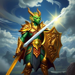 A heroic Dragonborn paladin, displaying vibrant, scaled skin in hues of deep emerald and gold, adorned in shining, intricately designed armor that reflects his noble stature
