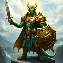 A heroic Dragonborn paladin, displaying vibrant, scaled skin in hues of deep emerald and gold, adorned in shining, intricately designed armor that reflects his noble stature