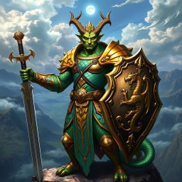A heroic Dragonborn paladin, displaying vibrant, scaled skin in hues of deep emerald and gold, adorned in shining, intricately designed armor that reflects his noble stature
