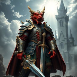 A powerful dragon-faced armored warrior standing confidently in front of a grand castle