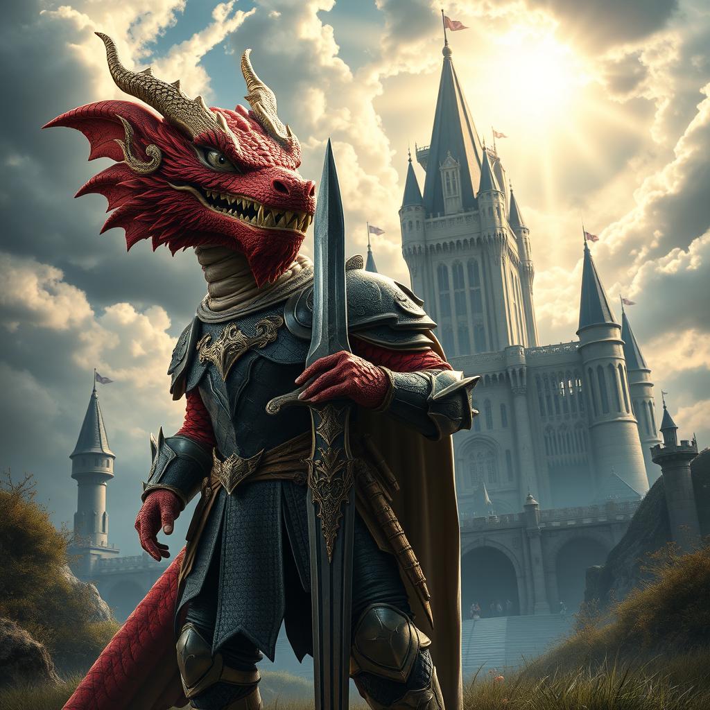 A powerful dragon-faced armored warrior standing confidently in front of a grand castle