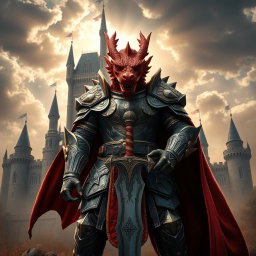 A powerful dragon-faced armored warrior standing confidently in front of a grand castle