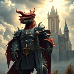 A powerful dragon-faced armored warrior standing confidently in front of a grand castle