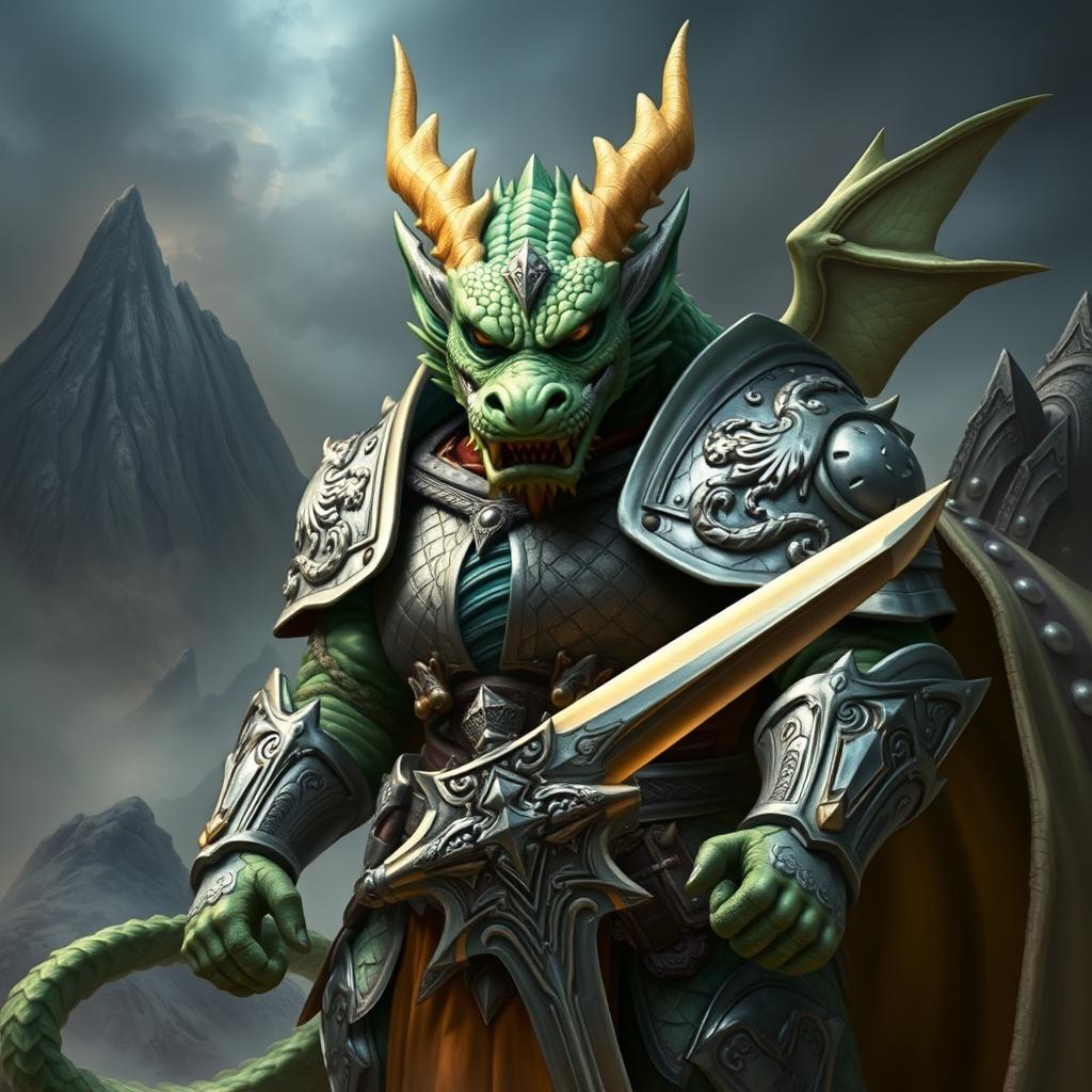 A powerful dragon-faced armored warrior, standing boldly with a fierce expression