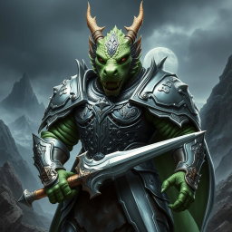 A powerful dragon-faced armored warrior, standing boldly with a fierce expression