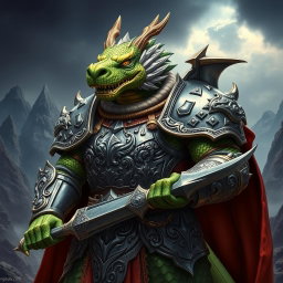 A powerful dragon-faced armored warrior, standing boldly with a fierce expression