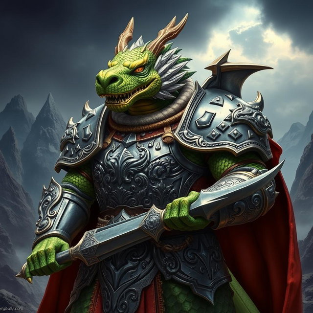 A powerful dragon-faced armored warrior, standing boldly with a fierce expression