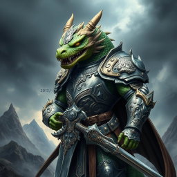 A powerful dragon-faced armored warrior, standing boldly with a fierce expression