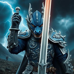 A fierce dragon-faced armored swordsman, showcasing a striking appearance with detailed scales in shades of sapphire and silver covering his visage
