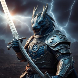 A fierce dragon-faced armored swordsman, showcasing a striking appearance with detailed scales in shades of sapphire and silver covering his visage