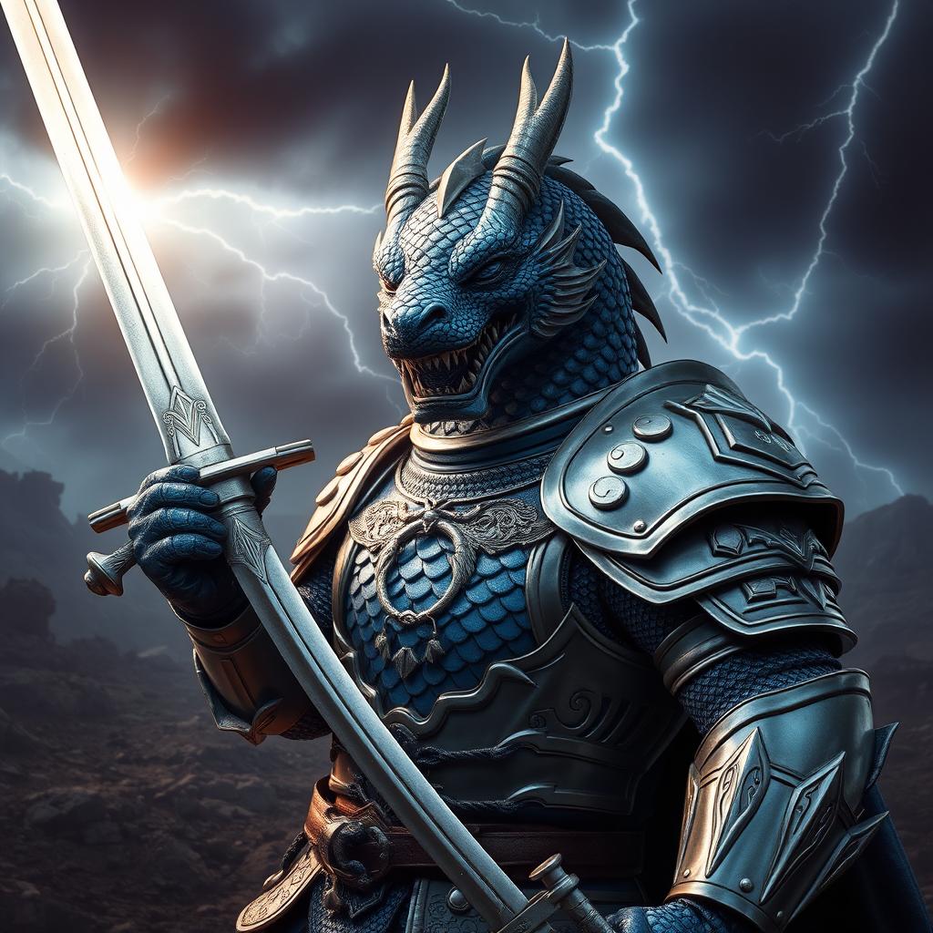 A fierce dragon-faced armored swordsman, showcasing a striking appearance with detailed scales in shades of sapphire and silver covering his visage